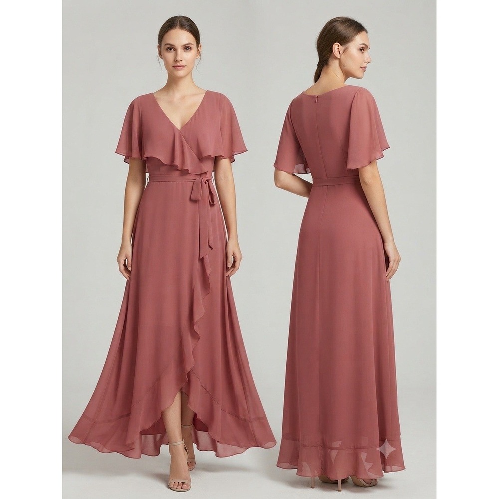 Midi Long Flutter Sleeve Dusty Pink Chiffon Wrap Dress Party Wedding